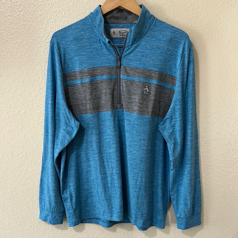 Original Penguin Blue and Gray Quarter Zip Lightweight Long Sleeve Top